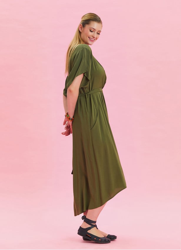 V Neck Pleated Detailed Khaki Casual Dress 4531